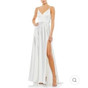 Mac Duggal White Satin Gown with Slit and Tie Back